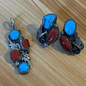 Vintage sterling silver, turquoise, and coral pendant and earring set